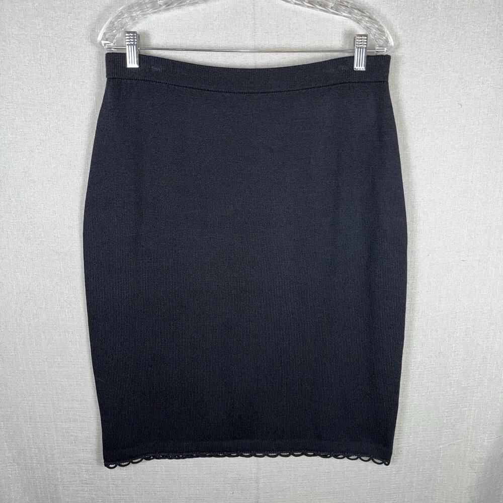 VTG St John Santana Knit Skirt Womens Size 12 Black Scalloped Hem Wool Blend EUC